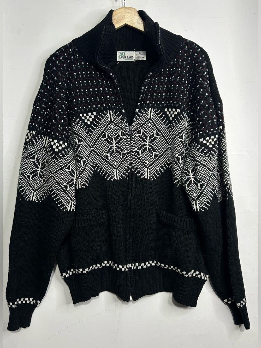 5 for $25🔥Vintage Haband Black Embroidered Zip Front Knit Sweater XL